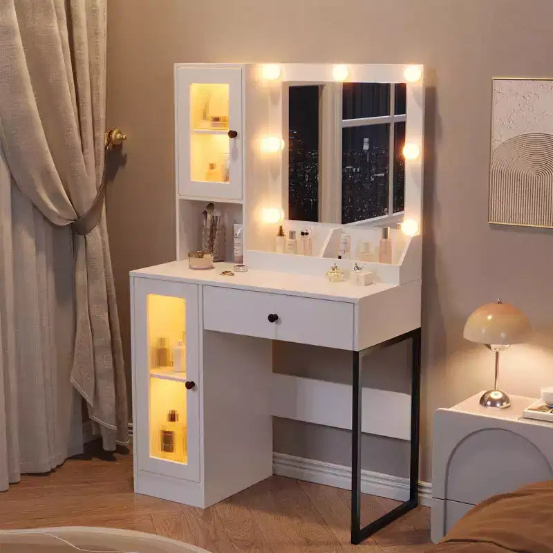 Makeup Vanity Desk with Mirror and Lights, Vanity Table with Charging Station, RGB Lights Wood Dressing Table for Bedroom, for Girls