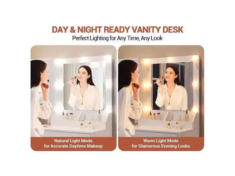 Makeup Vanity Desk with Mirror and Lights, Vanity Table with Charging Station, RGB Lights Wood Dressing Table for Bedroom, for Girls