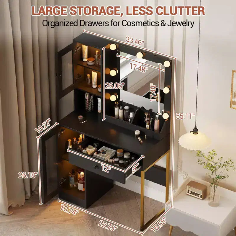 Makeup Vanity Desk with Mirror and Lights, Vanity Table with Charging Station, RGB Lights Wood Dressing Table for Bedroom, for Girls