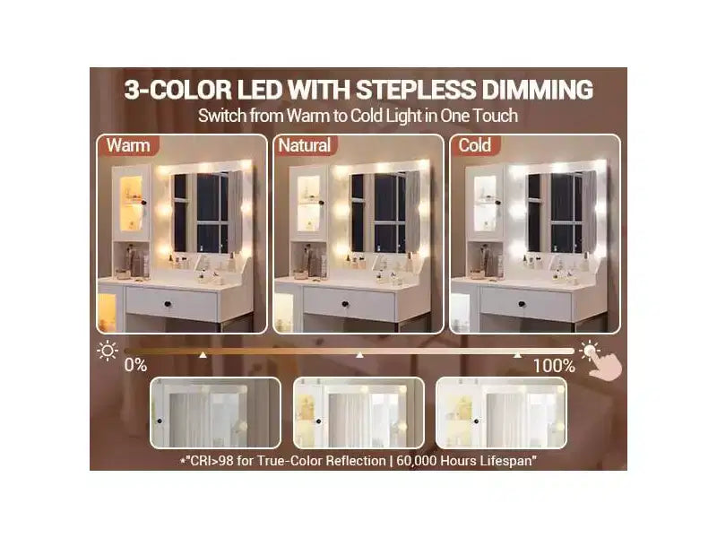 Makeup Vanity Desk with Mirror and Lights, Vanity Table with Charging Station, RGB Lights Wood Dressing Table for Bedroom, for Girls