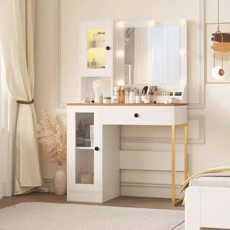 Makeup Vanity Desk with Mirror and Lights, Vanity Table with Charging Station, RGB Lights Wood Dressing Table for Bedroom, for Girls