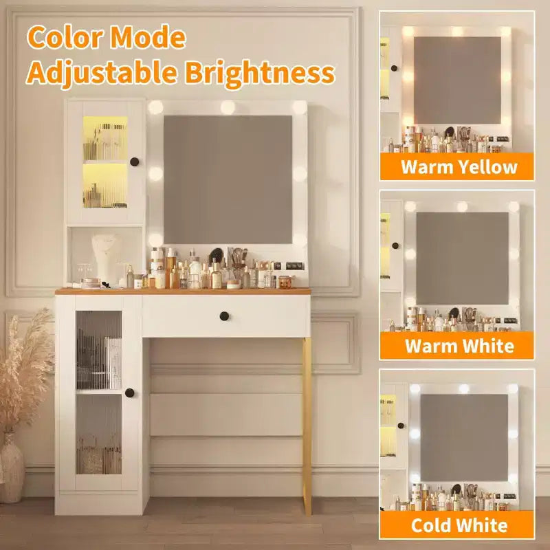 Makeup Vanity Desk with Mirror and Lights, Vanity Table with Charging Station, RGB Lights Wood Dressing Table for Bedroom, for Girls