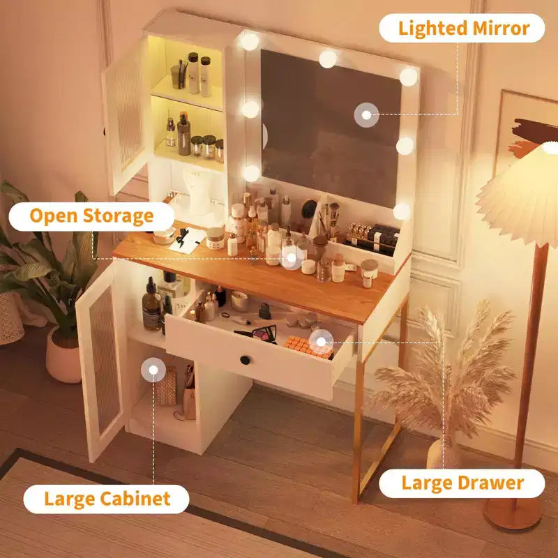 Makeup Vanity Desk with Mirror and Lights, Vanity Table with Charging Station, RGB Lights Wood Dressing Table for Bedroom, for Girls