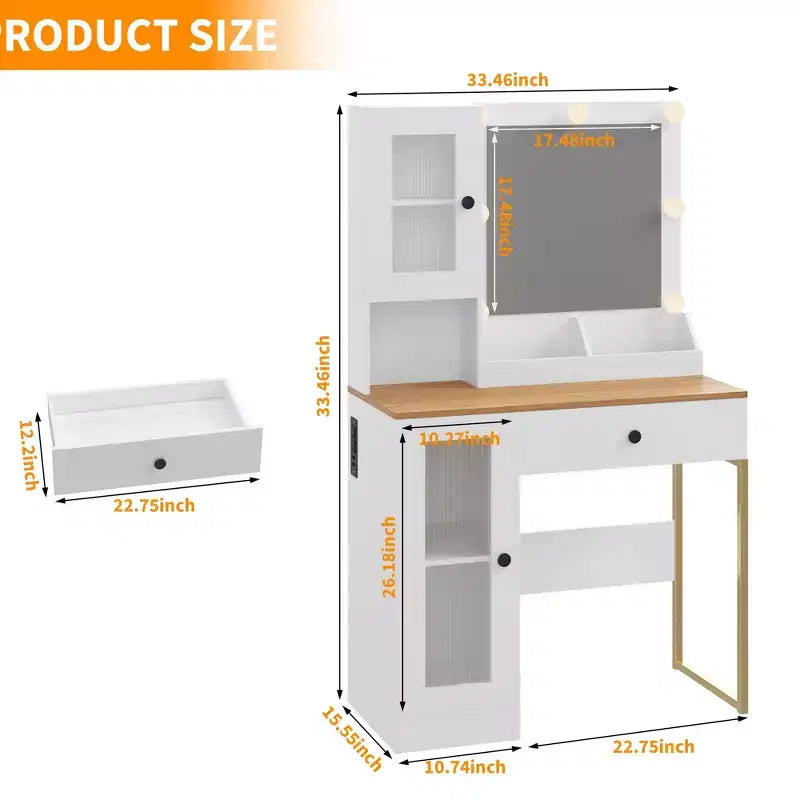 Makeup Vanity Desk with Mirror and Lights, Vanity Table with Charging Station, RGB Lights Wood Dressing Table for Bedroom, for Girls