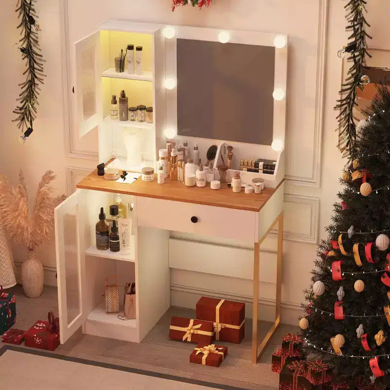 Makeup Vanity Desk with Mirror and Lights, Vanity Table with Charging Station, RGB Lights Wood Dressing Table for Bedroom, for Girls