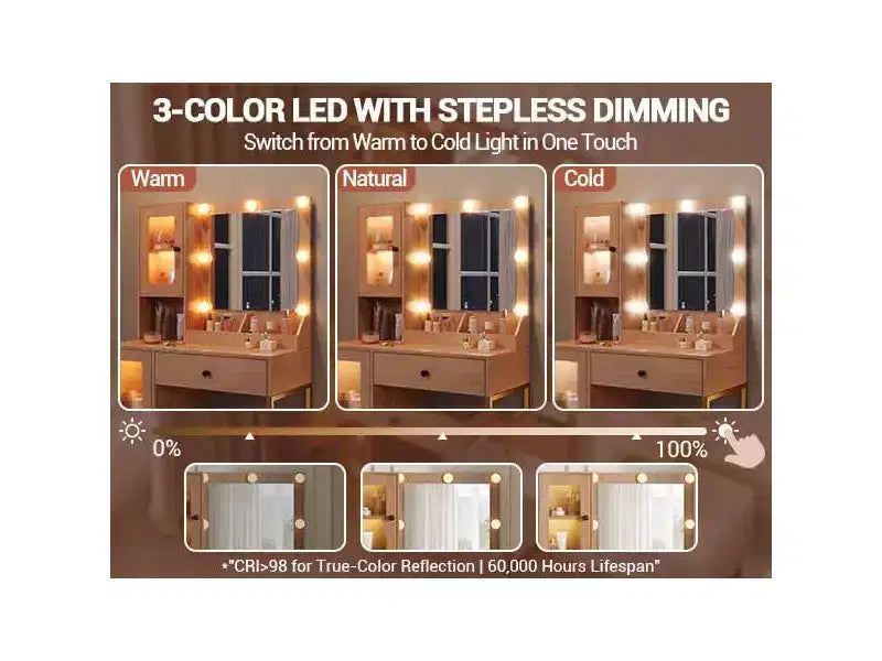 Makeup Vanity Desk with Mirror and Lights, Vanity Table with Charging Station, RGB Lights Wood Dressing Table for Bedroom, for Girls