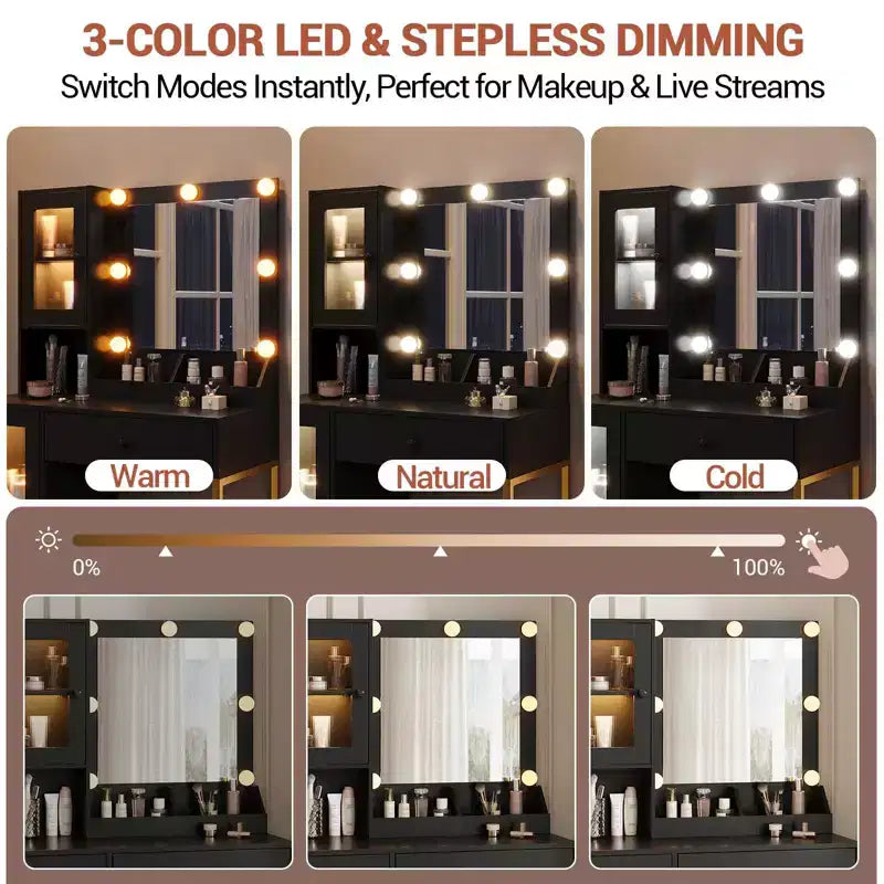 Makeup Vanity Desk with Mirror and Lights, Vanity Table with Charging Station, RGB Lights Wood Dressing Table for Bedroom, for Girls