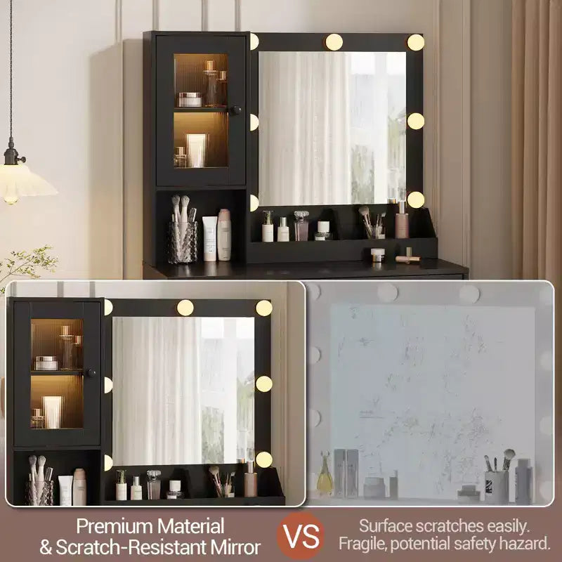 Makeup Vanity Desk with Mirror and Lights, Vanity Table with Charging Station, RGB Lights Wood Dressing Table for Bedroom, for Girls