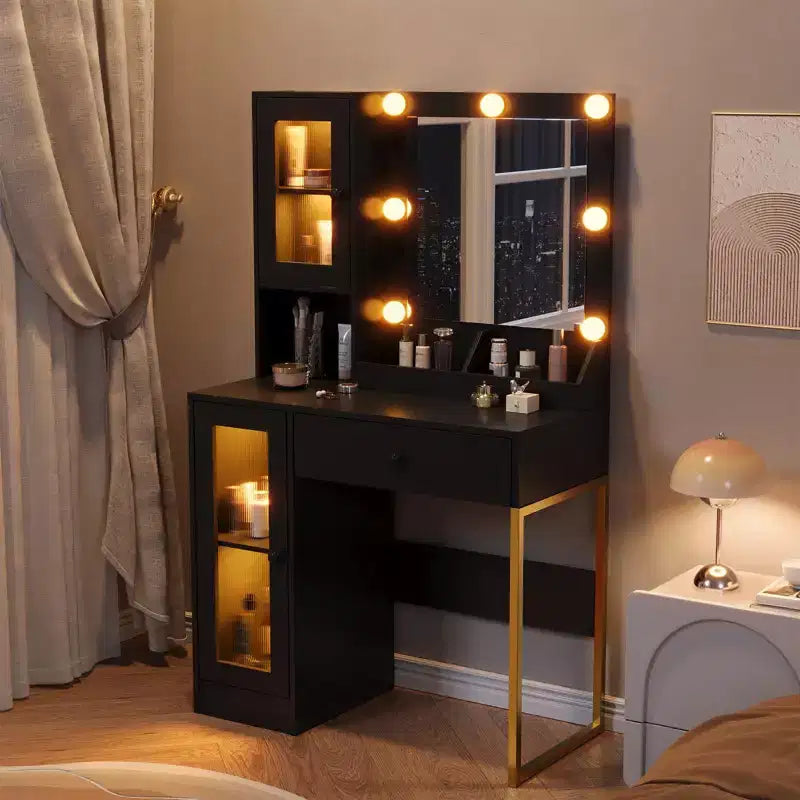 Makeup Vanity Desk with Mirror and Lights, Vanity Table with Charging Station, RGB Lights Wood Dressing Table for Bedroom, for Girls