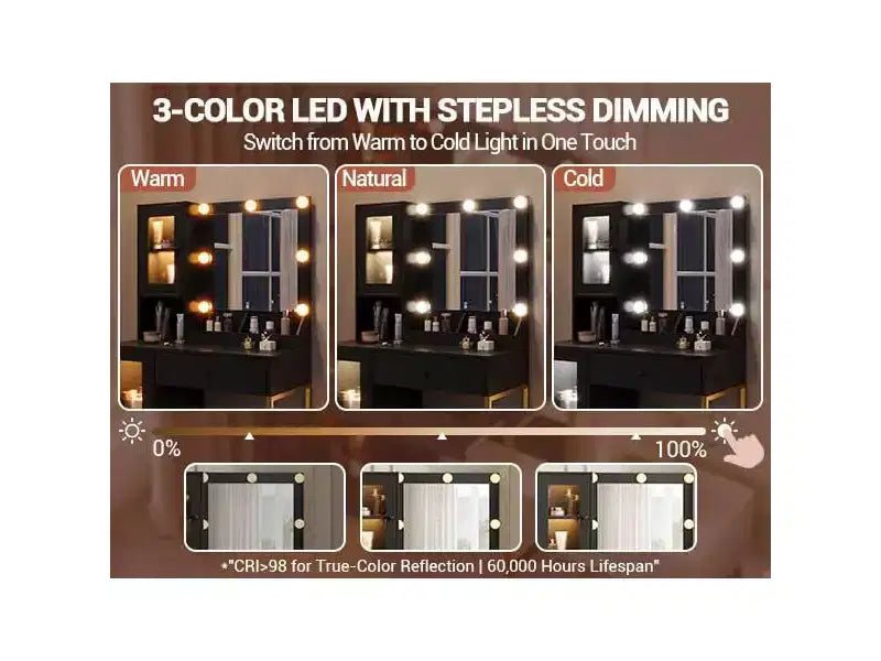 Makeup Vanity Desk with Mirror and Lights, Vanity Table with Charging Station, RGB Lights Wood Dressing Table for Bedroom, for Girls