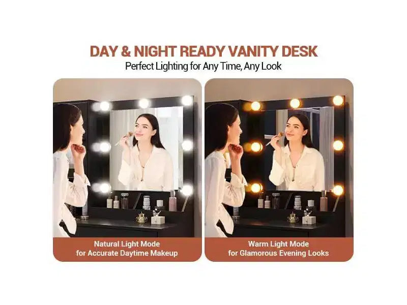 Makeup Vanity Desk with Mirror and Lights, Vanity Table with Charging Station, RGB Lights Wood Dressing Table for Bedroom, for Girls