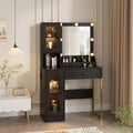 Makeup Vanity Desk with Mirror and Lights, Vanity Table with Charging Station, RGB Lights Wood Dressing Table for Bedroom, for Girls