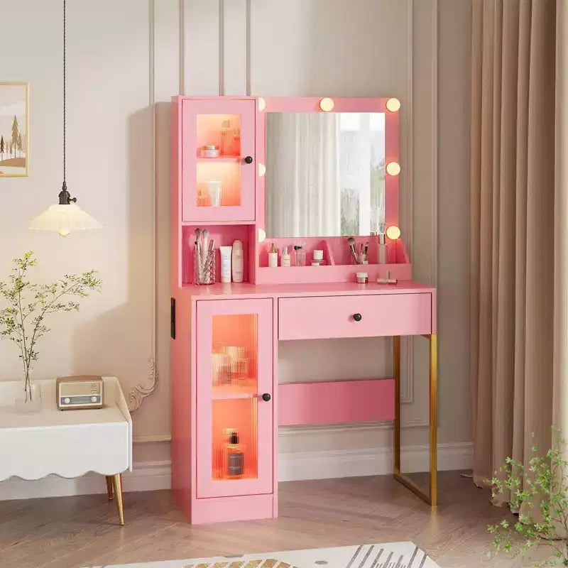 Makeup Vanity Desk with Mirror and Lights, Vanity Table with Charging Station, RGB Lights Wood Dressing Table for Bedroom, for Girls