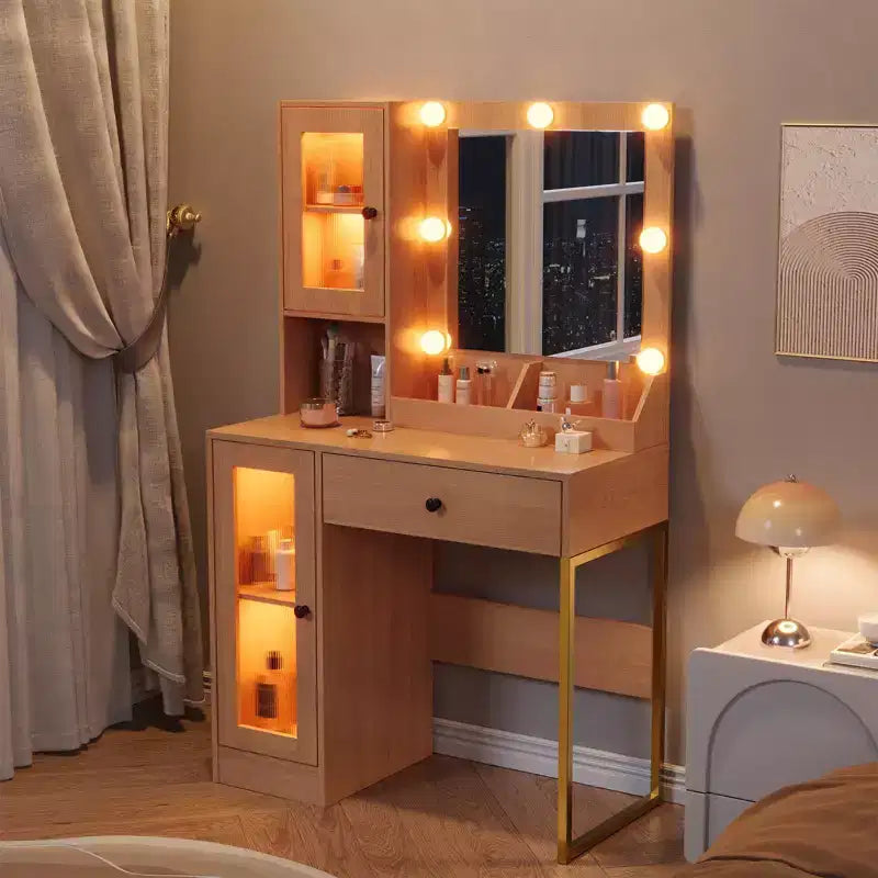 Makeup Vanity Desk with Mirror and Lights, Vanity Table with Charging Station, RGB Lights Wood Dressing Table for Bedroom, for Girls