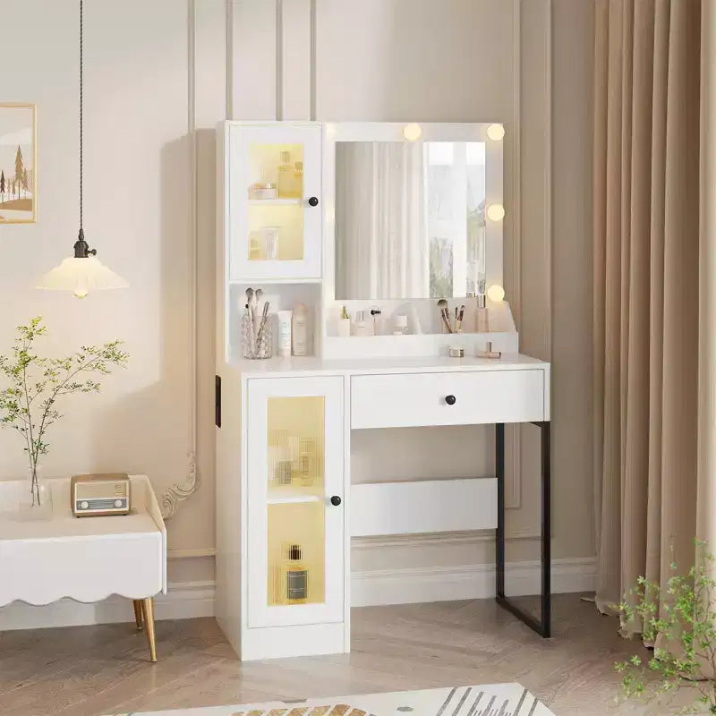 Makeup Vanity Desk with Mirror and Lights, Vanity Table with Charging Station, RGB Lights Wood Dressing Table for Bedroom, for Girls