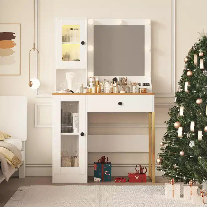 Makeup Vanity Desk with Mirror and Lights, Vanity Table with Charging Station, RGB Lights Wood Dressing Table for Bedroom, for Girls