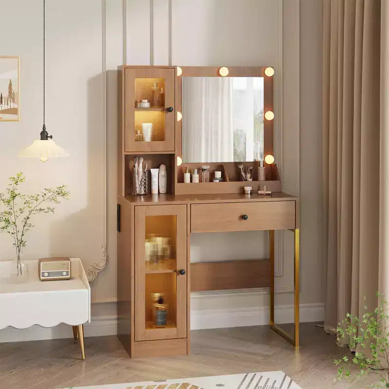 Makeup Vanity Desk with Mirror and Lights, Vanity Table with Charging Station, RGB Lights Wood Dressing Table for Bedroom, for Girls