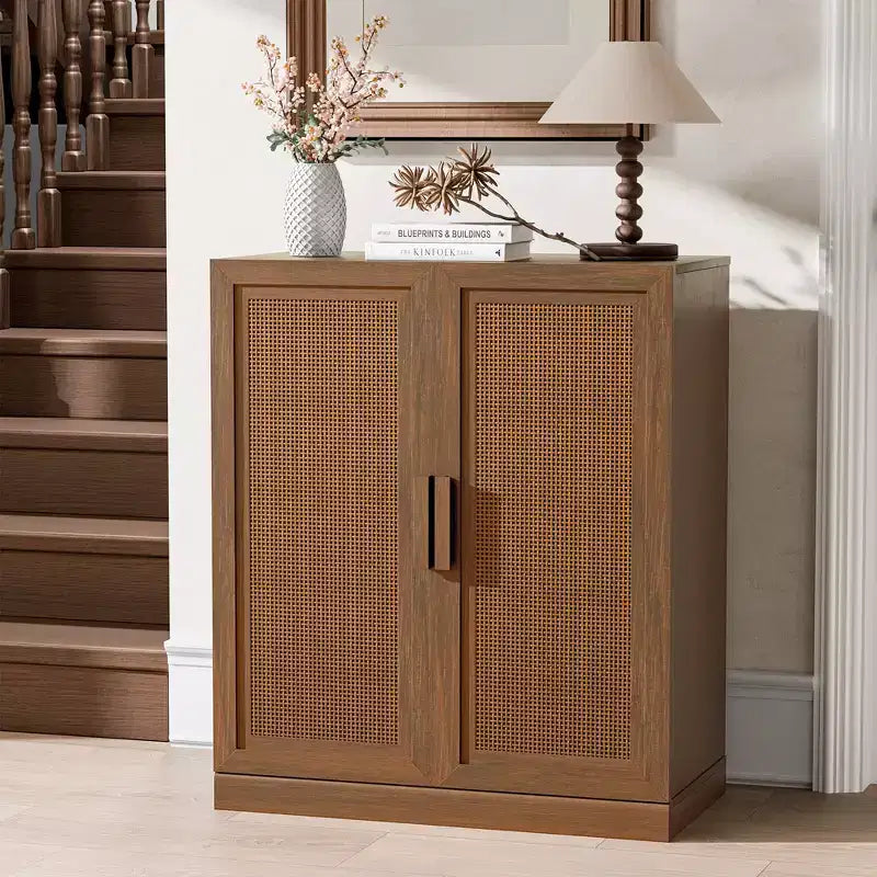 MAYEERTY 16 Tall Storage Cabinet with Rattan Doors 2 Shelves, Freestanding Cabinet for Living Room Kitchen Beige 1pcs
