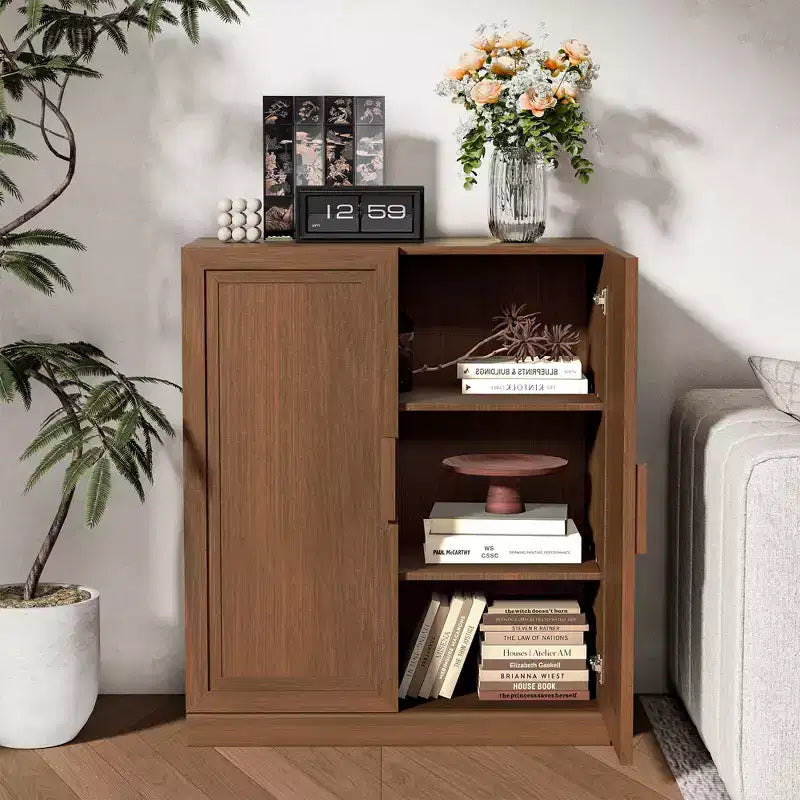 MAYEERTY 16 Tall Storage Cabinet with Rattan Doors 2 Shelves, Freestanding Cabinet for Living Room Kitchen Beige 1pcs