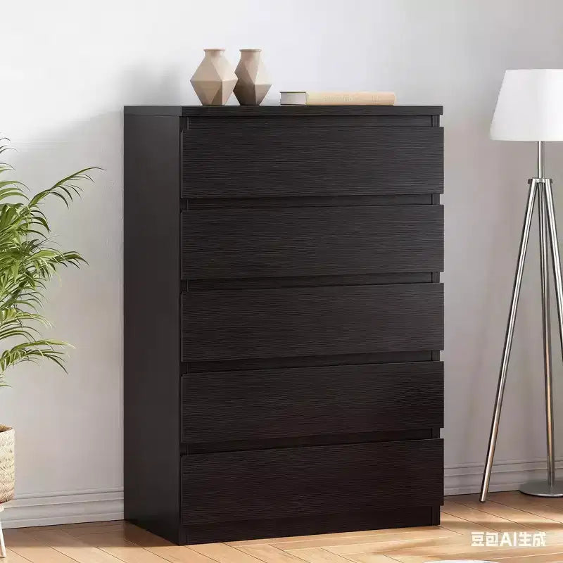 Modern black slanted five-drawer chest, suitable for bedrooms, wooden storage cabinet, deep drawer design, also suitable for living rooms, bed rooms