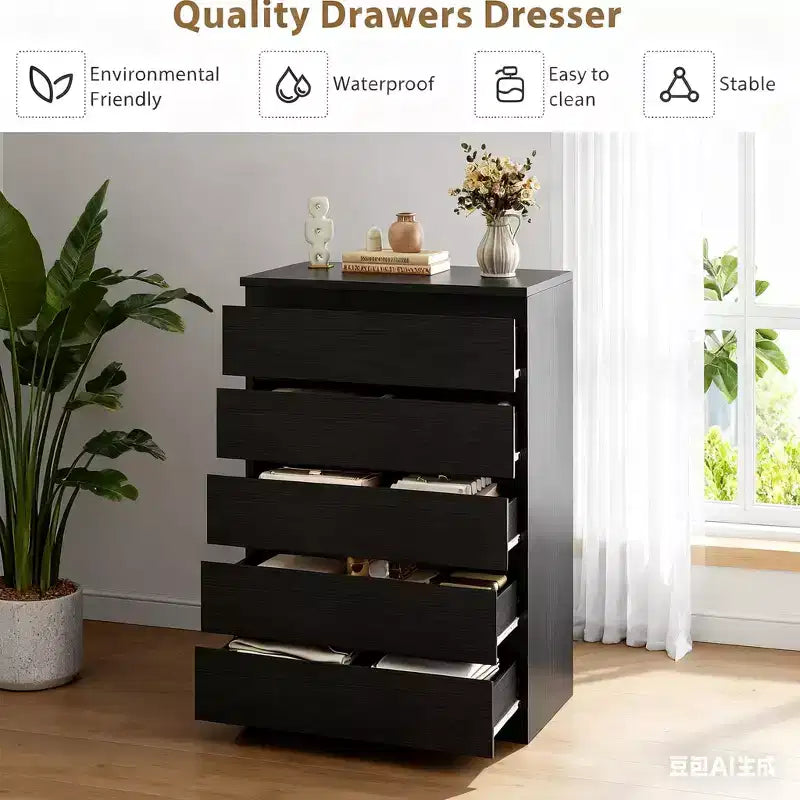 Modern black slanted five-drawer chest, suitable for bedrooms, wooden storage cabinet, deep drawer design, also suitable for living rooms, bed rooms