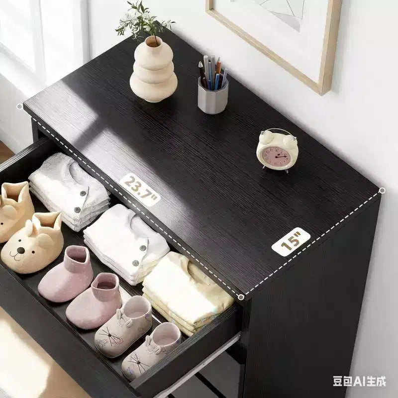 Modern black slanted five-drawer chest, suitable for bedrooms, wooden storage cabinet, deep drawer design, also suitable for living rooms, bed rooms