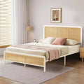 Full-size rattan platform bed frame with headboard, modern bohemian rattan style, heavy-duty metal frame, steel slats, no box spring needed