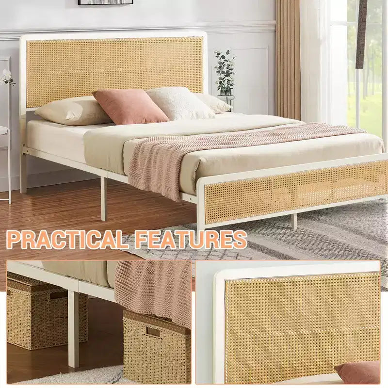Full-size rattan platform bed frame with headboard, modern bohemian rattan style, heavy-duty metal frame, steel slats, no box spring needed