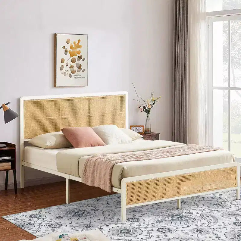 Full-size rattan platform bed frame with headboard, modern bohemian rattan style, heavy-duty metal frame, steel slats, no box spring needed