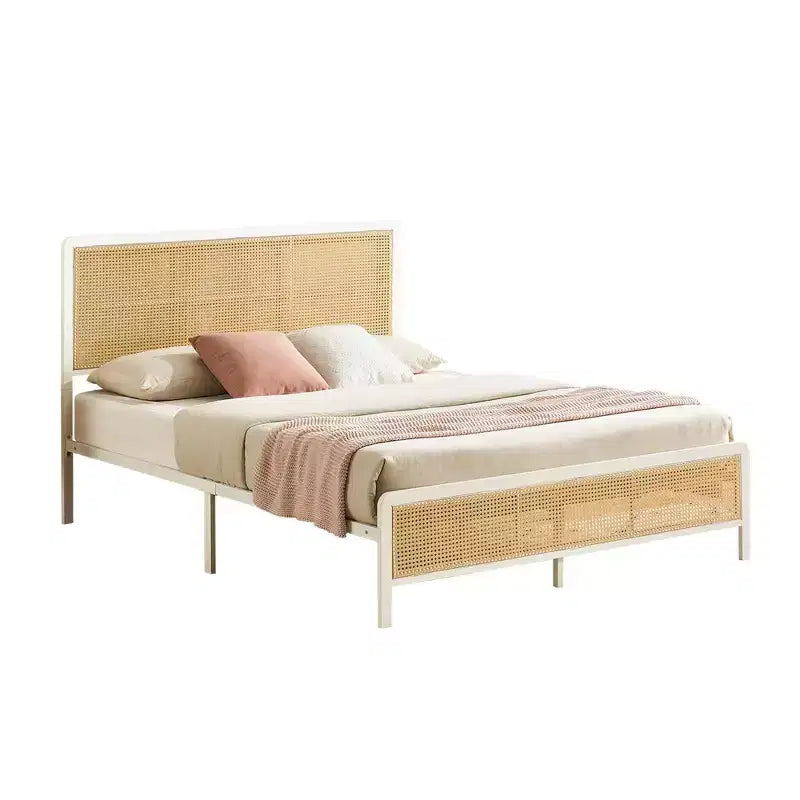 Full-size rattan platform bed frame with headboard, modern bohemian rattan style, heavy-duty metal frame, steel slats, no box spring needed