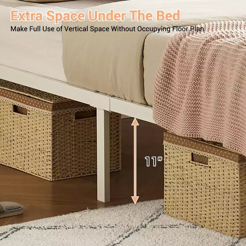 Full-size rattan platform bed frame with headboard, modern bohemian rattan style, heavy-duty metal frame, steel slats, no box spring needed
