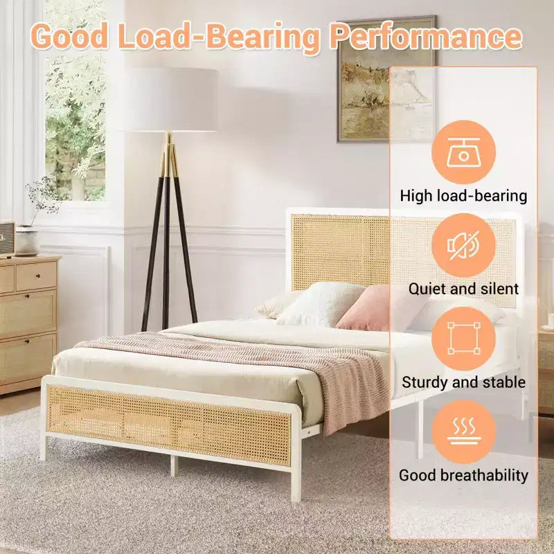 Full-size rattan platform bed frame with headboard, modern bohemian rattan style, heavy-duty metal frame, steel slats, no box spring needed
