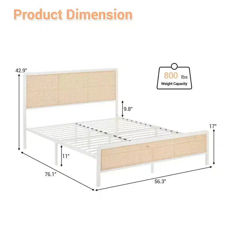 Full-size rattan platform bed frame with headboard, modern bohemian rattan style, heavy-duty metal frame, steel slats, no box spring needed