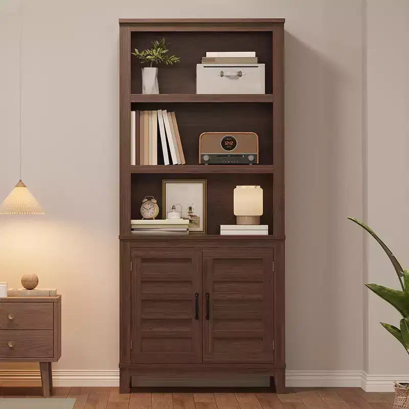 71 in Farmhouse Bookcase w/Doors, Vintage Bookshelf with Storage Cabinet & Adjustable Shelf, 5-Tier Retro Book Shelf Rustic Bookcase for Living Room