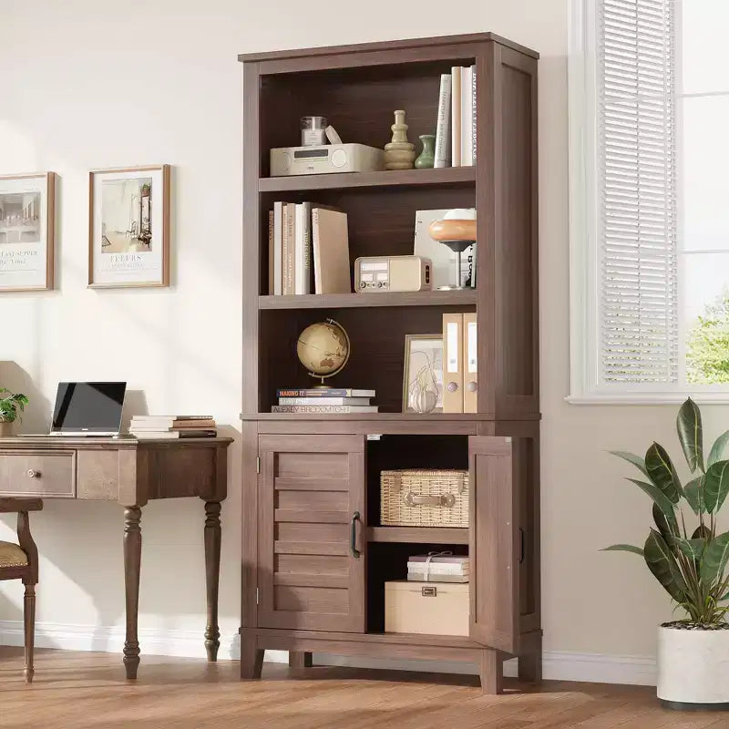 71 in Farmhouse Bookcase w/Doors, Vintage Bookshelf with Storage Cabinet & Adjustable Shelf, 5-Tier Retro Book Shelf Rustic Bookcase for Living Room