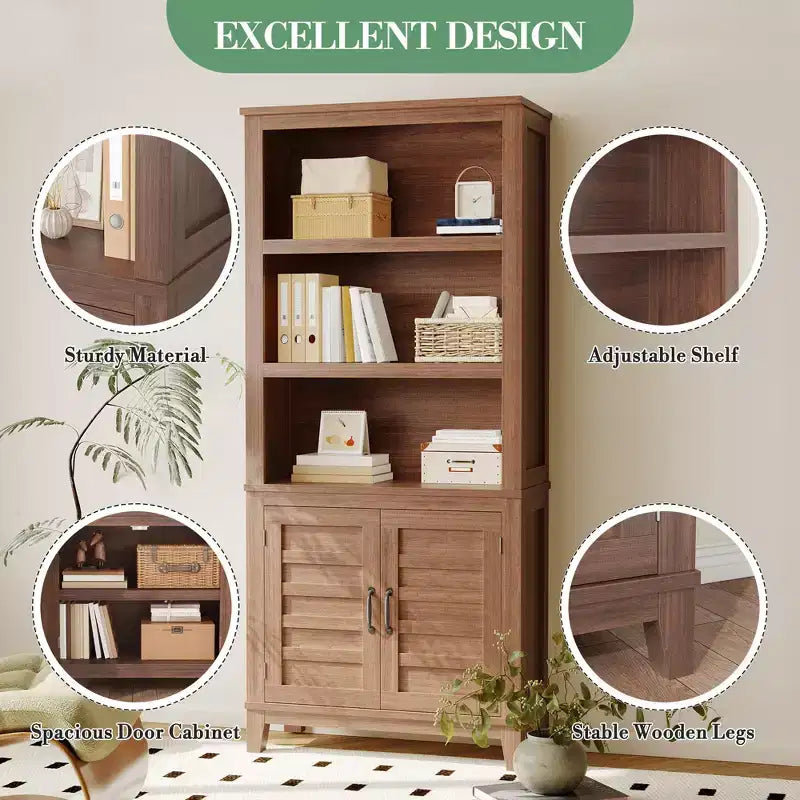 71 in Farmhouse Bookcase w/Doors, Vintage Bookshelf with Storage Cabinet & Adjustable Shelf, 5-Tier Retro Book Shelf Rustic Bookcase for Living Room