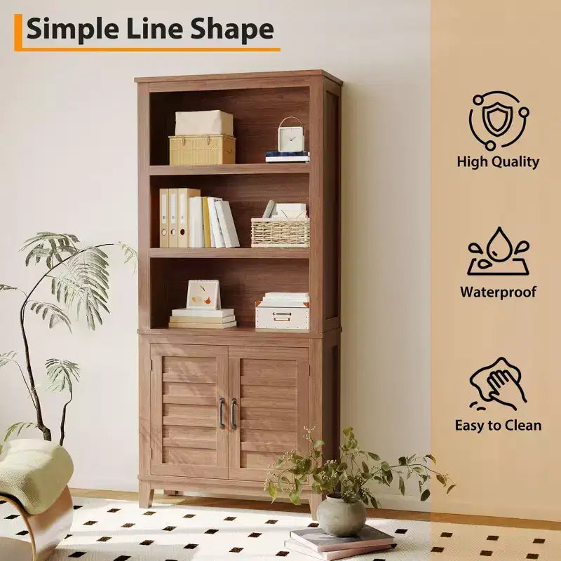 71 in Farmhouse Bookcase w/Doors, Vintage Bookshelf with Storage Cabinet & Adjustable Shelf, 5-Tier Retro Book Shelf Rustic Bookcase for Living Room