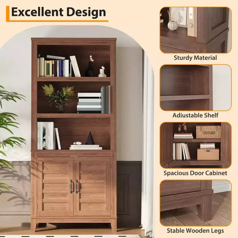 71 in Farmhouse Bookcase w/Doors, Vintage Bookshelf with Storage Cabinet & Adjustable Shelf, 5-Tier Retro Book Shelf Rustic Bookcase for Living Room