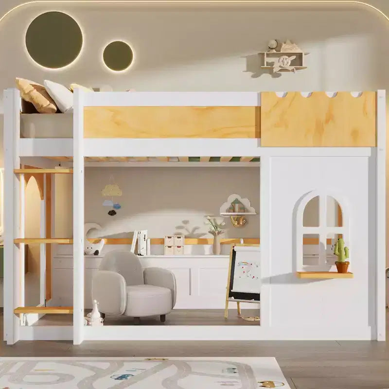 Twin over Twin/Full over Full Bunk Bed with Storage Shelves, Window & Two Doors, White+Natural - ModernLuxe