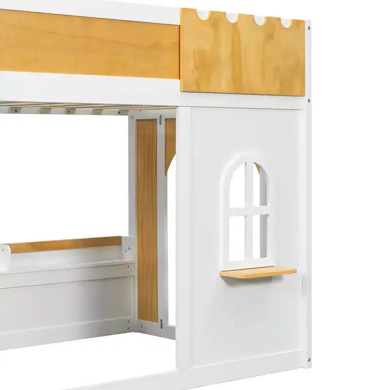 Twin over Twin/Full over Full Bunk Bed with Storage Shelves, Window & Two Doors, White+Natural - ModernLuxe