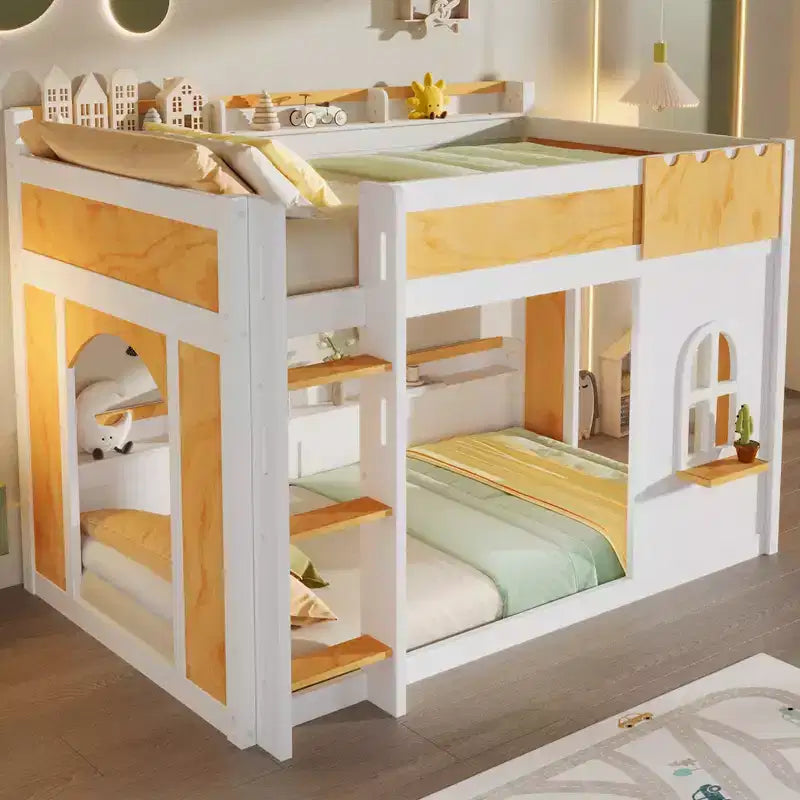 Twin over Twin/Full over Full Bunk Bed with Storage Shelves, Window & Two Doors, White+Natural - ModernLuxe