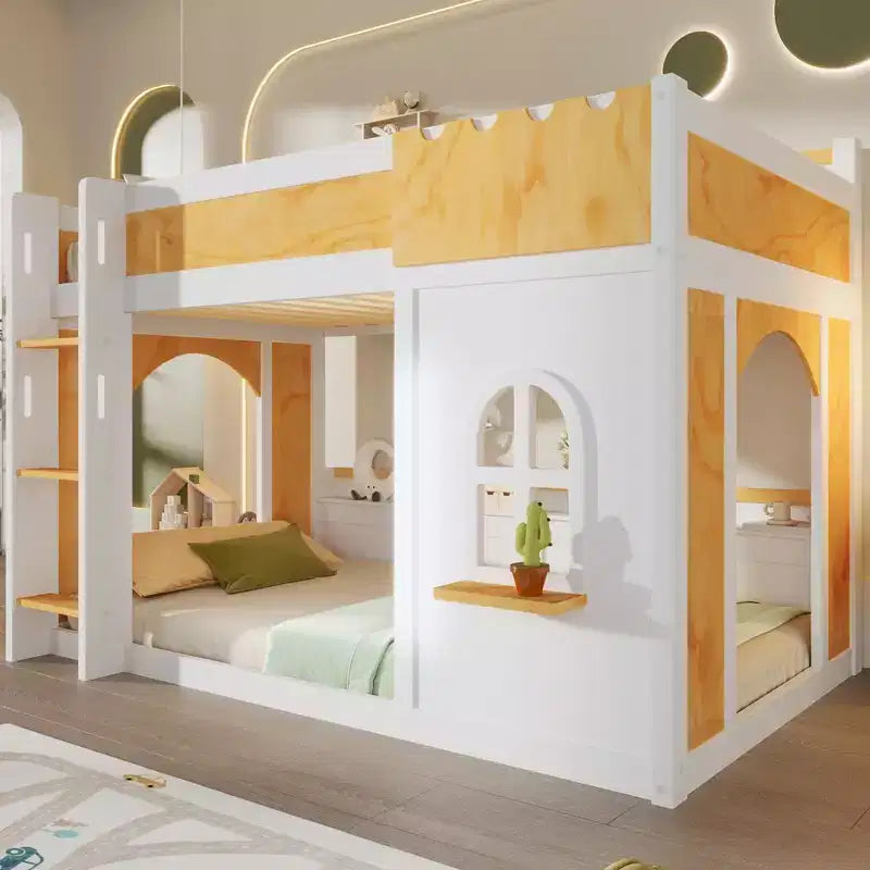 Twin over Twin/Full over Full Bunk Bed with Storage Shelves, Window & Two Doors, White+Natural - ModernLuxe