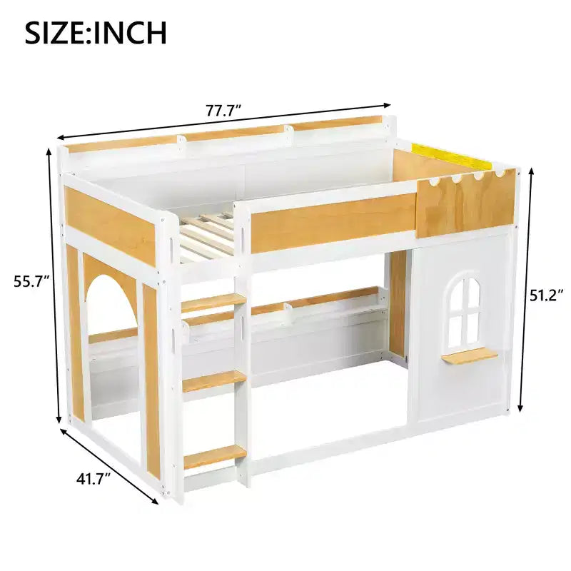 Twin over Twin/Full over Full Bunk Bed with Storage Shelves, Window & Two Doors, White+Natural - ModernLuxe