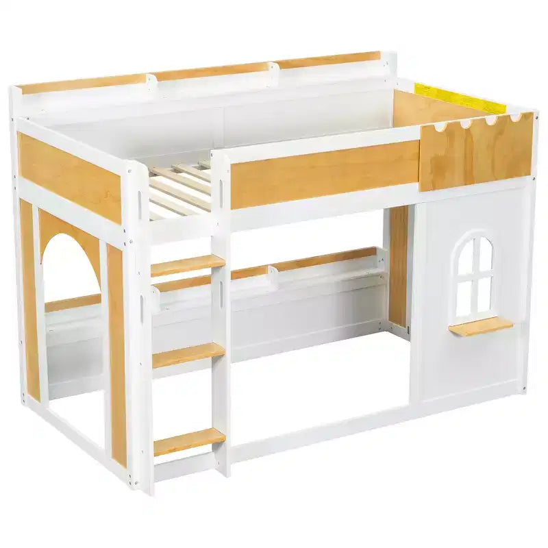 Twin over Twin/Full over Full Bunk Bed with Storage Shelves, Window & Two Doors, White+Natural - ModernLuxe