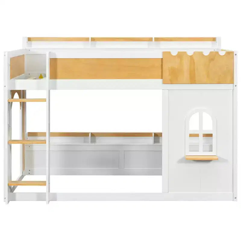 Twin over Twin/Full over Full Bunk Bed with Storage Shelves, Window & Two Doors, White+Natural - ModernLuxe