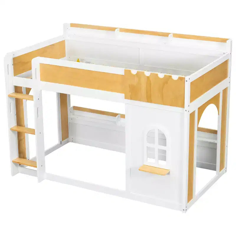 Twin over Twin/Full over Full Bunk Bed with Storage Shelves, Window & Two Doors, White+Natural - ModernLuxe