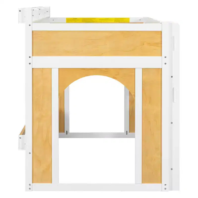 Twin over Twin/Full over Full Bunk Bed with Storage Shelves, Window & Two Doors, White+Natural - ModernLuxe