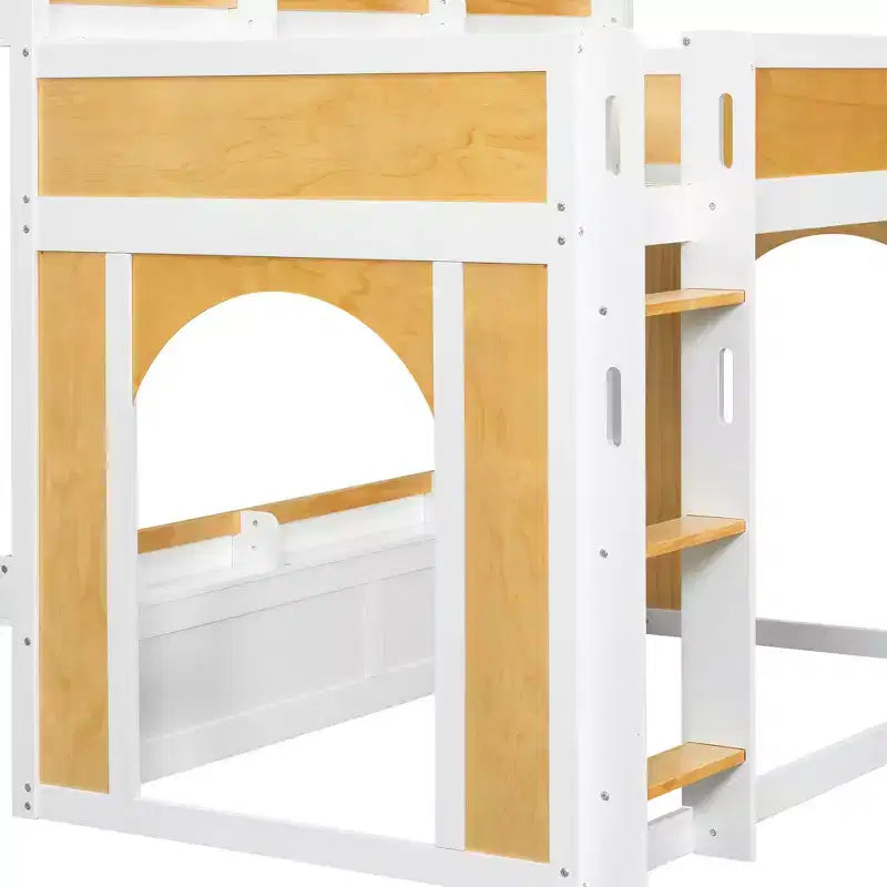 Twin over Twin/Full over Full Bunk Bed with Storage Shelves, Window & Two Doors, White+Natural - ModernLuxe