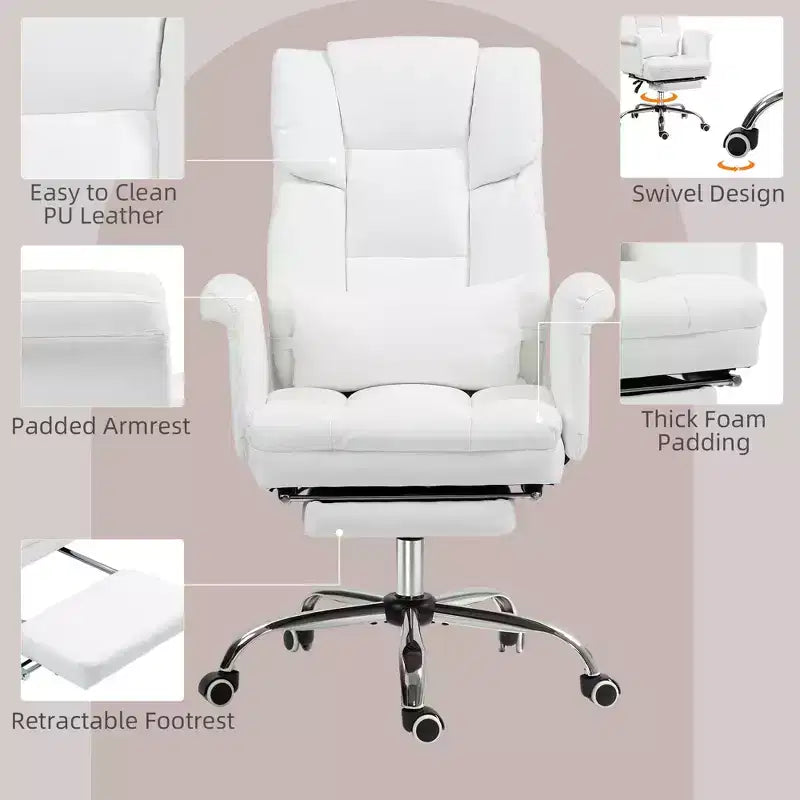 Executive Office Chair with Footrest and Lumbar Support, PU Leather Desk Chair, Ergonomic, Reclining and Swivel
