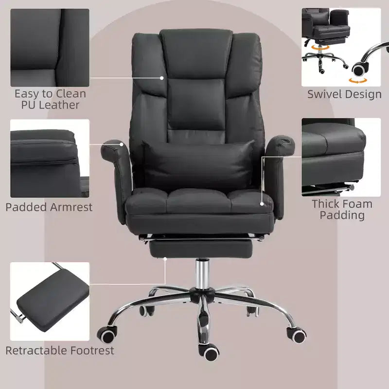 Executive Office Chair with Footrest and Lumbar Support, PU Leather Desk Chair, Ergonomic, Reclining and Swivel